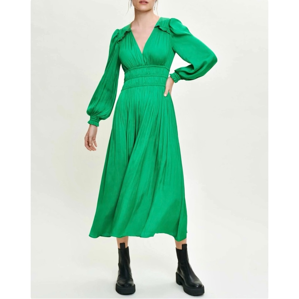 [relisted] Maje Bright Green Pleated Effect Puff Sleeve Flowy Satin Maxi Dress - Picture 3 of 12